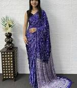 Purple Color Mirror Work Satin Saree
