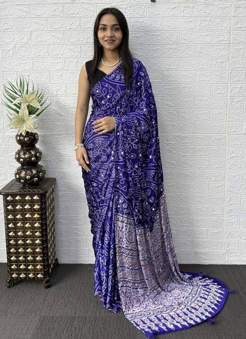 Purple Color Mirror Work Satin Saree