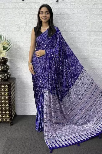 Purple Color Mirror Work Satin Saree