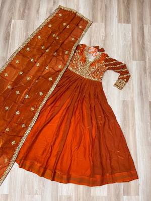 Orange silk readymade anarkali suit with embroidery & zari sequin  work 2