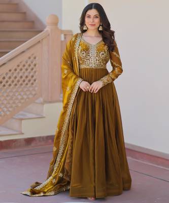 Mehendi silk readymade anarkali suit with embroidery & zari sequin  work 1