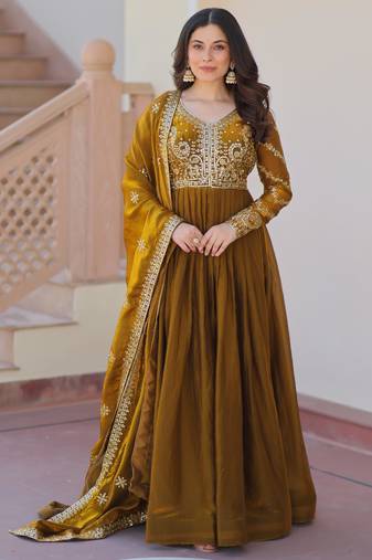 Mehendi silk readymade anarkali suit with embroidery & zari sequin  work