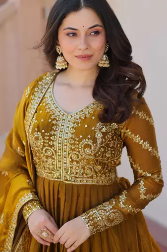 Mehendi silk readymade anarkali suit with embroidery & zari sequin  work