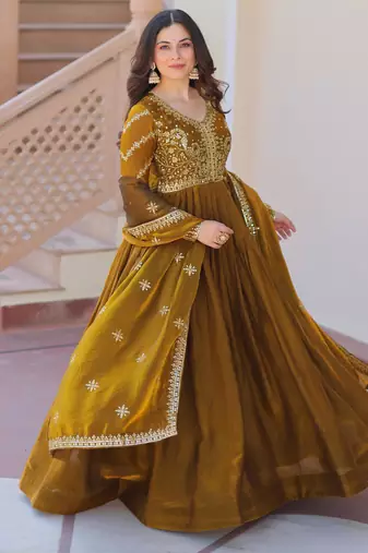 Mehendi silk readymade anarkali suit with embroidery & zari sequin  work