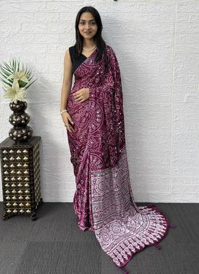 Wine Color Mirror Work Satin Saree 1