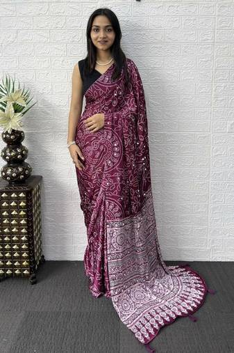 Wine Color Mirror Work Satin Saree