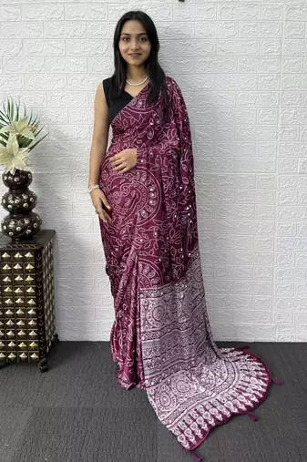 Wine Color Mirror Work Satin Saree