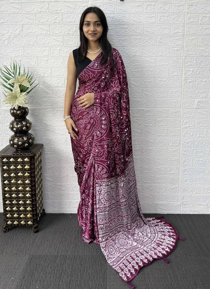 Wine Color Mirror Work Satin Saree