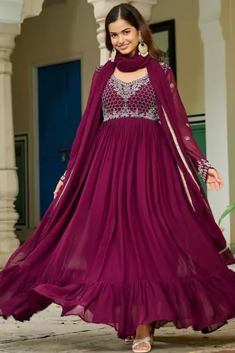 Purple faux georgette readymade anarkali suit with embroidery & beads work
