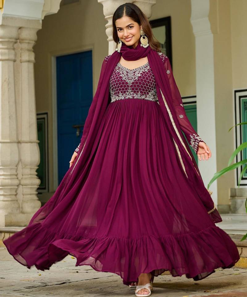 Purple faux georgette readymade anarkali suit with embroidery & beads work