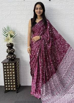 Wine Color Mirror Work Satin Saree 2