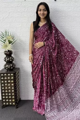Wine Color Mirror Work Satin Saree