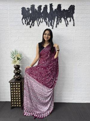 Wine Color Mirror Work Satin Saree 3