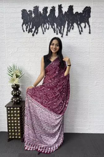 Wine Color Mirror Work Satin Saree