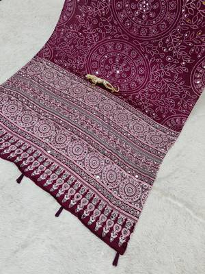 Wine Color Mirror Work Satin Saree 4