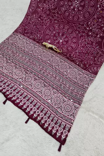 Wine Color Mirror Work Satin Saree