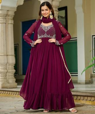 Purple faux georgette readymade anarkali suit with embroidery & beads work 3