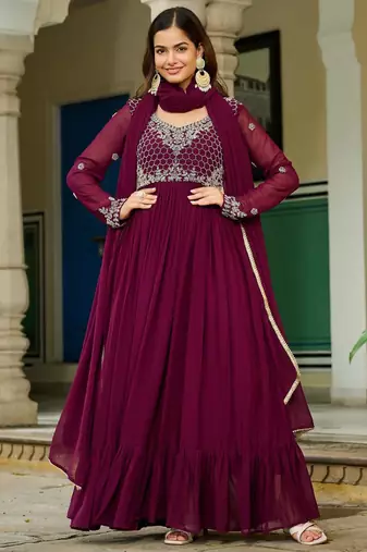 Purple faux georgette readymade anarkali suit with embroidery & beads work