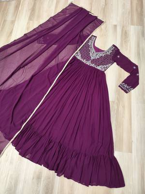 Purple faux georgette readymade anarkali suit with embroidery & beads work 4