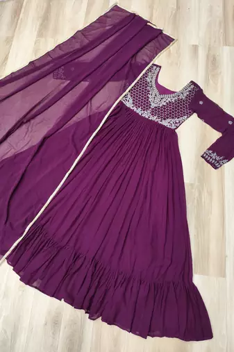 Purple faux georgette readymade anarkali suit with embroidery & beads work