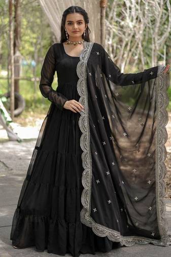 Black faux georgette readymade anarkali suit with embroidery & sequin  work