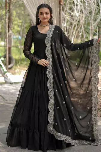 Black faux georgette readymade anarkali suit with embroidery & sequin  work