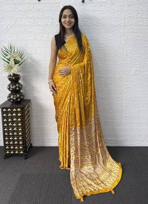 Yellow Color Mirror Work Satin Saree 1