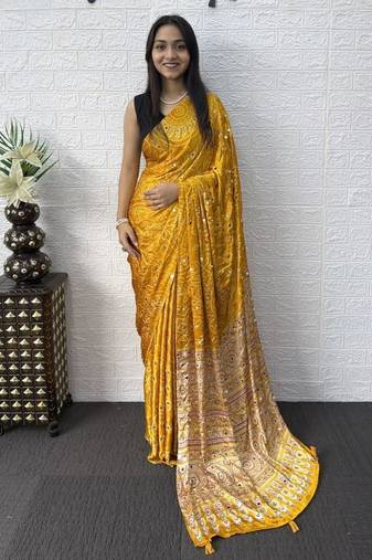 Yellow Color Mirror Work Satin Saree