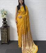 Yellow Color Mirror Work Satin Saree