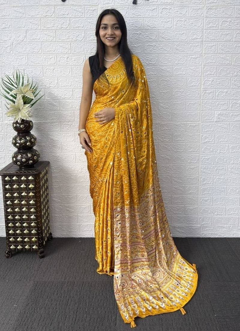Yellow Color Mirror Work Satin Saree