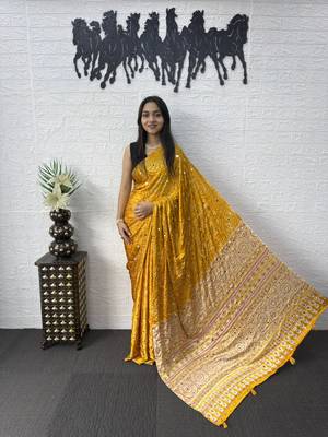 Yellow Color Mirror Work Satin Saree 2