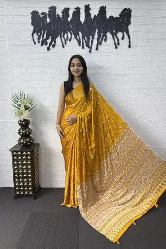 Yellow Color Mirror Work Satin Saree