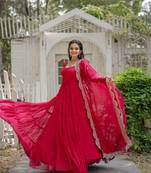 Red faux georgette readymade anarkali suit with embroidery & sequin  work
