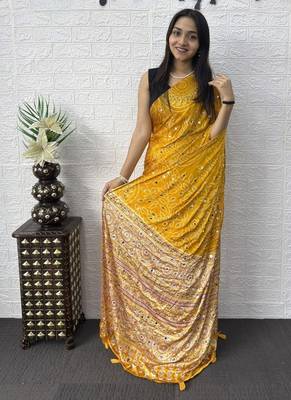 Yellow Color Mirror Work Satin Saree 3