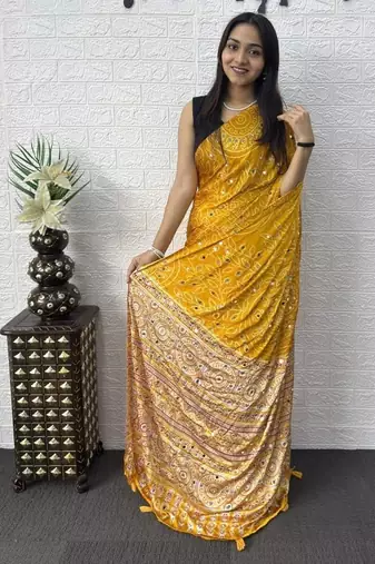 Yellow Color Mirror Work Satin Saree