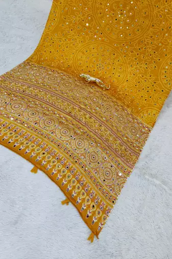 Yellow Color Mirror Work Satin Saree