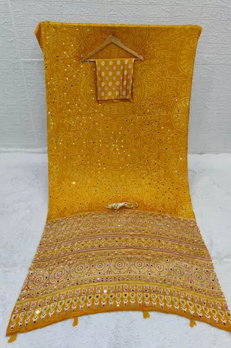 Yellow Color Mirror Work Satin Saree