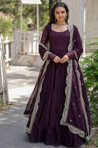 Purple faux georgette readymade anarkali suit with embroidery & sequin  work