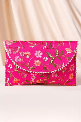rani pink ethnic embroidered clutch bag for women