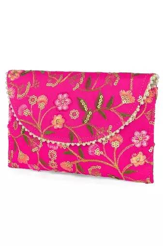 rani pink ethnic embroidered clutch bag for women