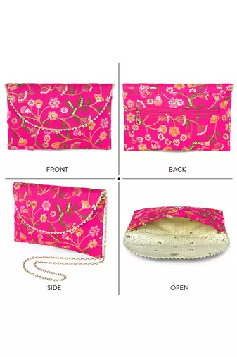 rani pink ethnic embroidered clutch bag for women