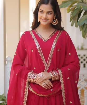 Red faux georgette readymade anarkali suit with embroidery & sequin  work 1