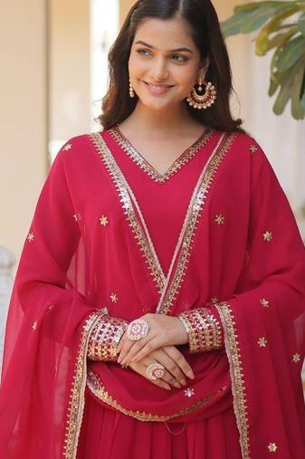 Red faux georgette readymade anarkali suit with embroidery & sequin  work