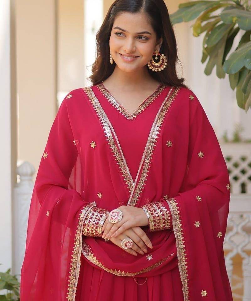 Red faux georgette readymade anarkali suit with embroidery & sequin  work