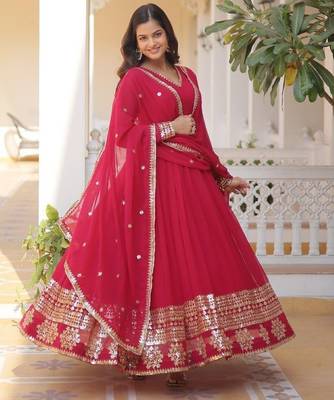 Red faux georgette readymade anarkali suit with embroidery & sequin  work 3