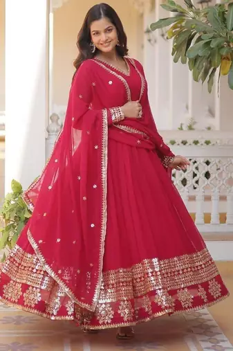 Red faux georgette readymade anarkali suit with embroidery & sequin  work