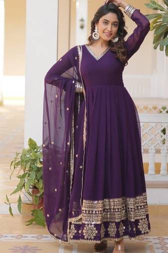 Purple Faux Georgette Readymade Anarkali Suit with Embroidery & Sequence Work