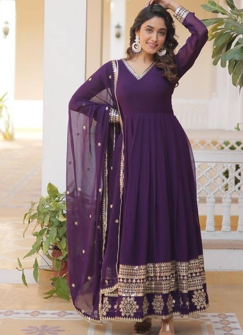 Purple faux georgette readymade anarkali suit with embroidery & sequin  work