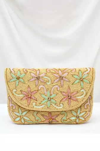 cream floral clutch bag ethnic purse for women & girls
