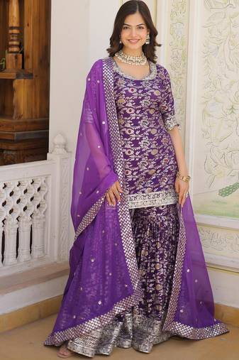 Purple viscose readymade suit with embroidery & zari sequin  work